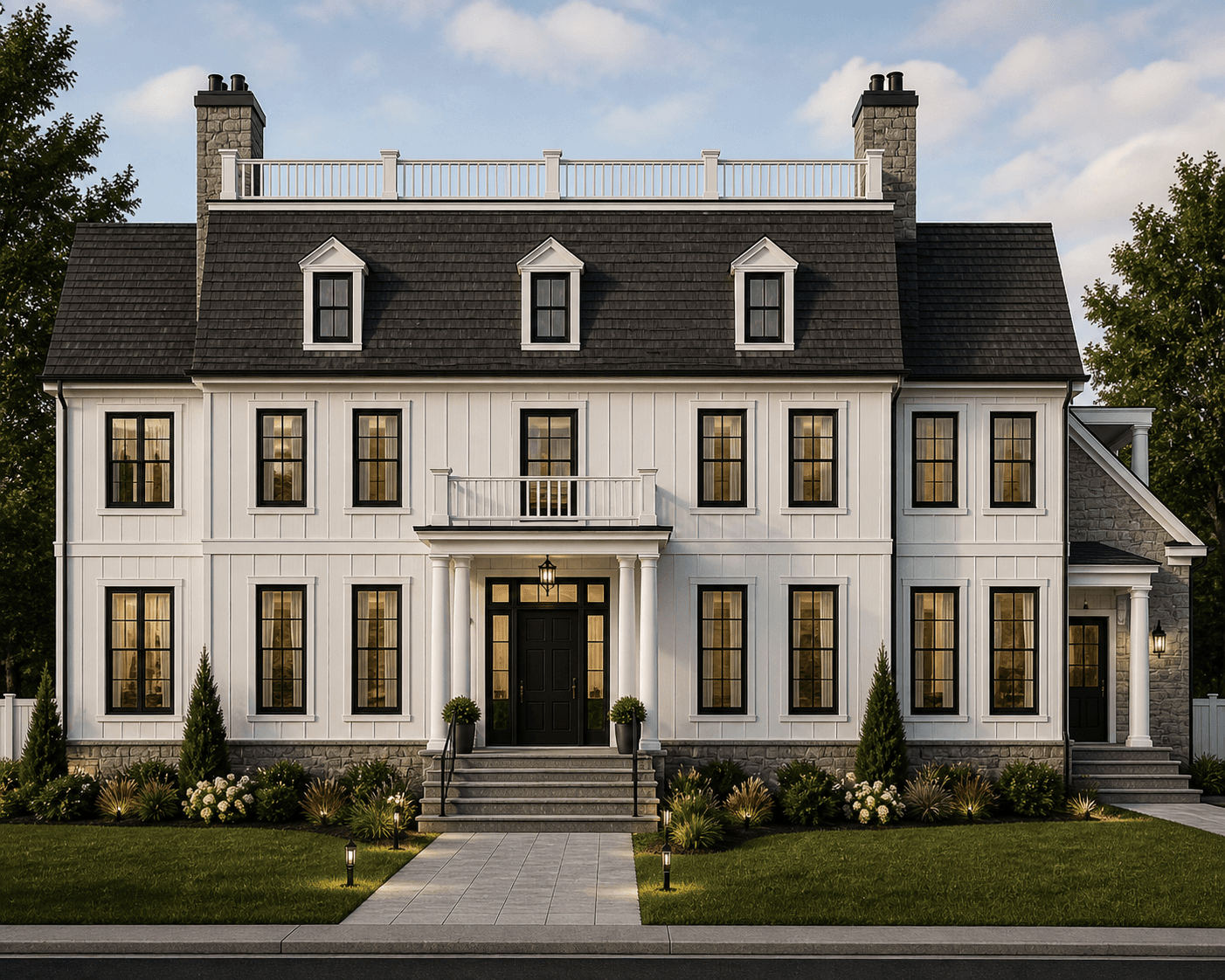 Center-hall Colonial rendering with three stories of black-framed Pella double-hung windows and rooftop deck