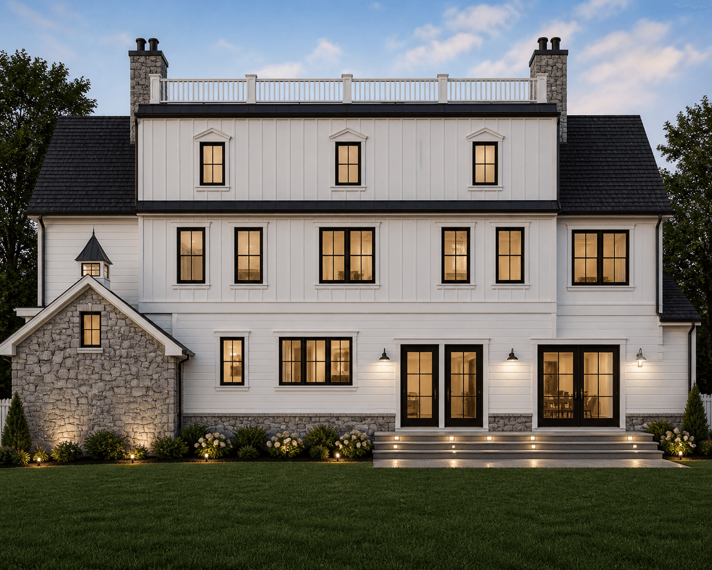 Rear elevation rendering of a white estate at dusk with black-framed Pella patio doors and stone wing
