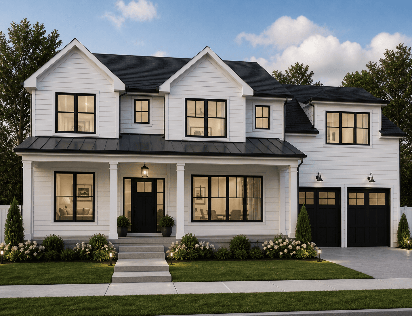 Modern farmhouse rendering with two-car garage and black-framed Pella Reserve Contemporary windows